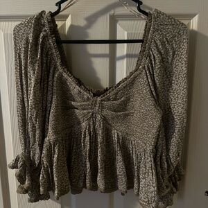 Free People Brown and Cream Patterned Blouse